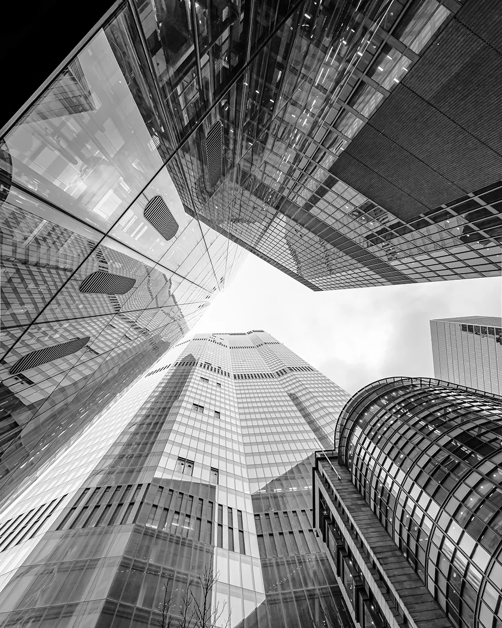 Edifícios comerciais vistos de baixo, em preto e branco